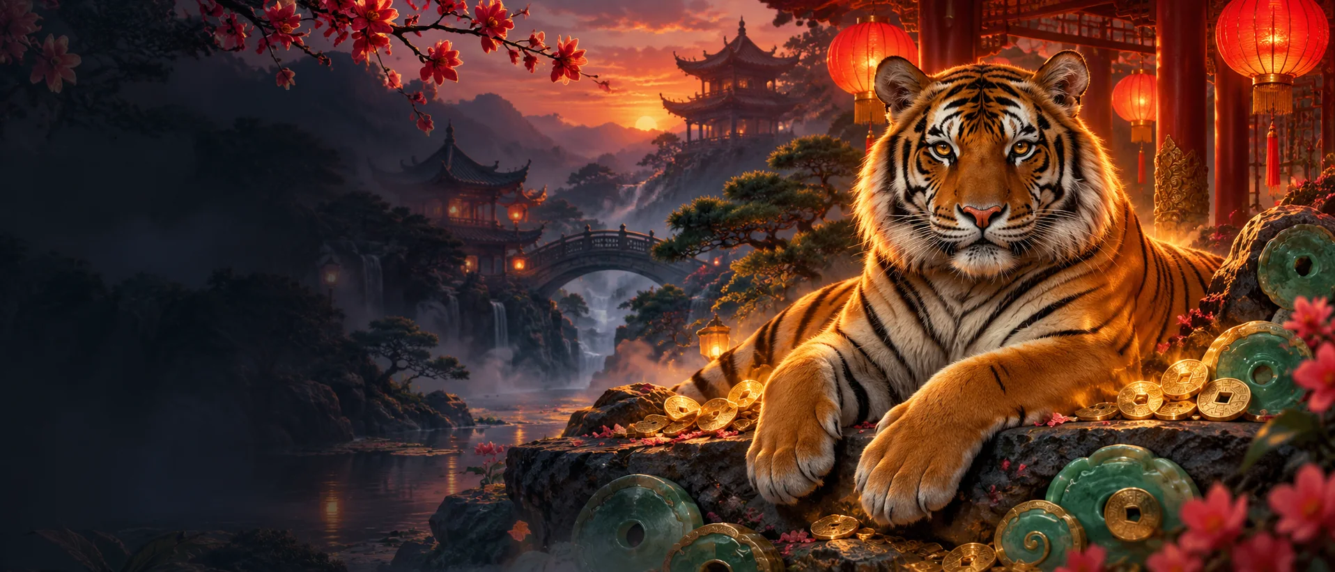 Original illustration of a tiger in a red and gold lantern-lit garden