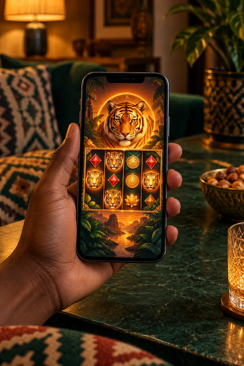 A smartphone displaying a generic tiger-themed slot illustration