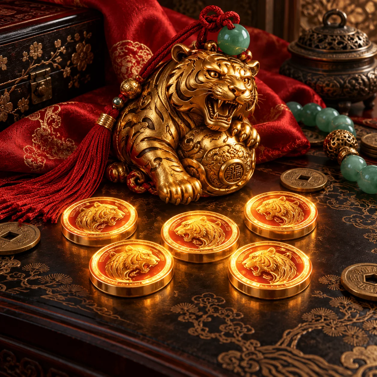 Original editorial still life of a gold tiger charm, red silk, jade beads and coins